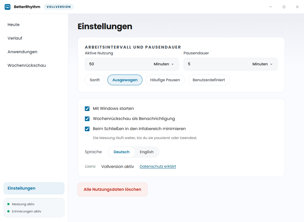 BetterRhythm-Einstellungsfenster mit 50 Minuten aktiver Nutzung, 5 Minuten Pausendauer und Optionen für Erinnerungen und Sprache